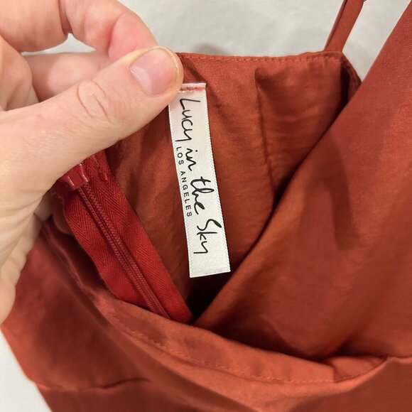 Lucy In The Sky Satin Ruffle Slip Dress Rustic Red Orange Women's Size Small - Picture 6 of 7